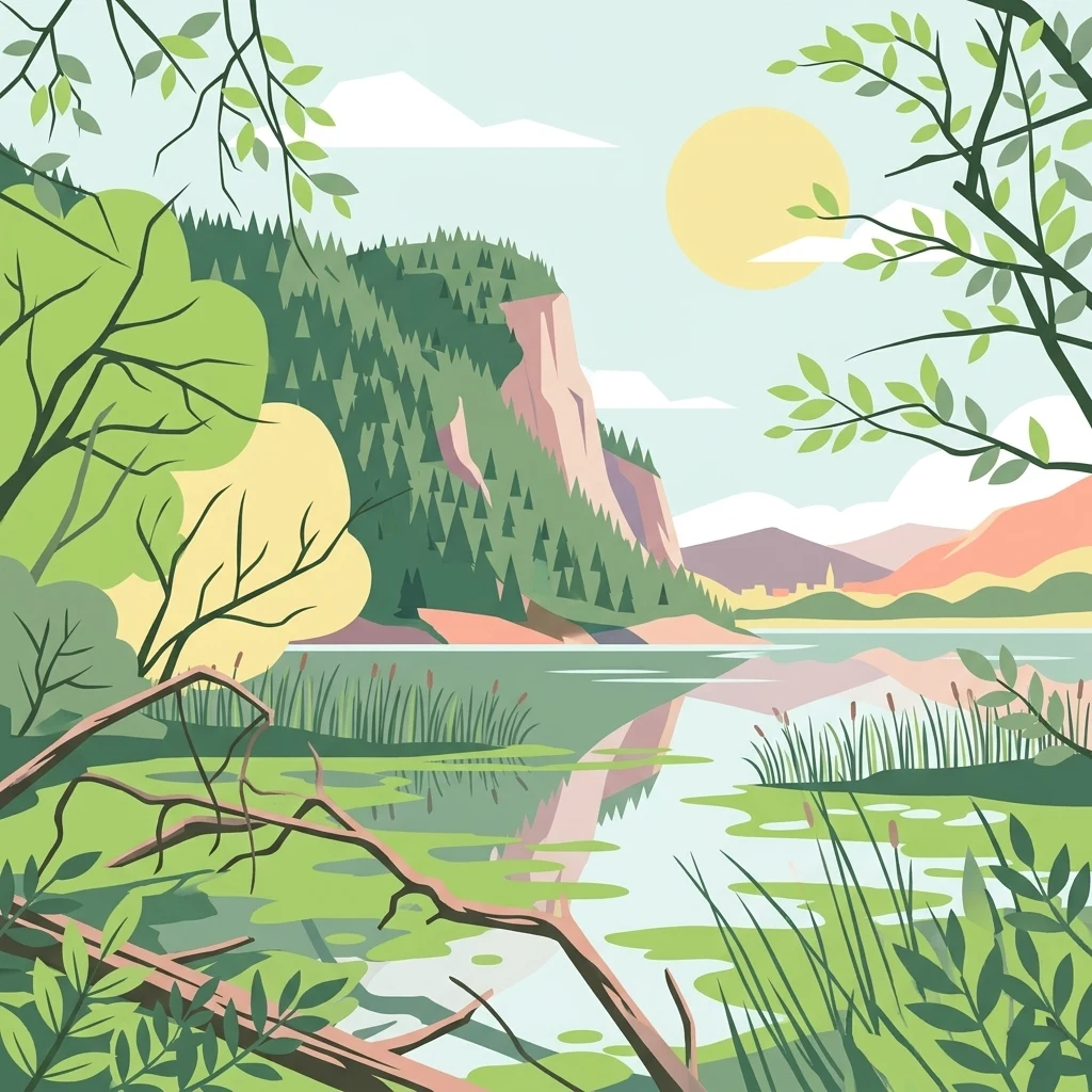 A flat-design illustration featuring a calm body of water reflecting a large hill covered in evergreen trees, with foreground vegetation including fallen branches and reeds.