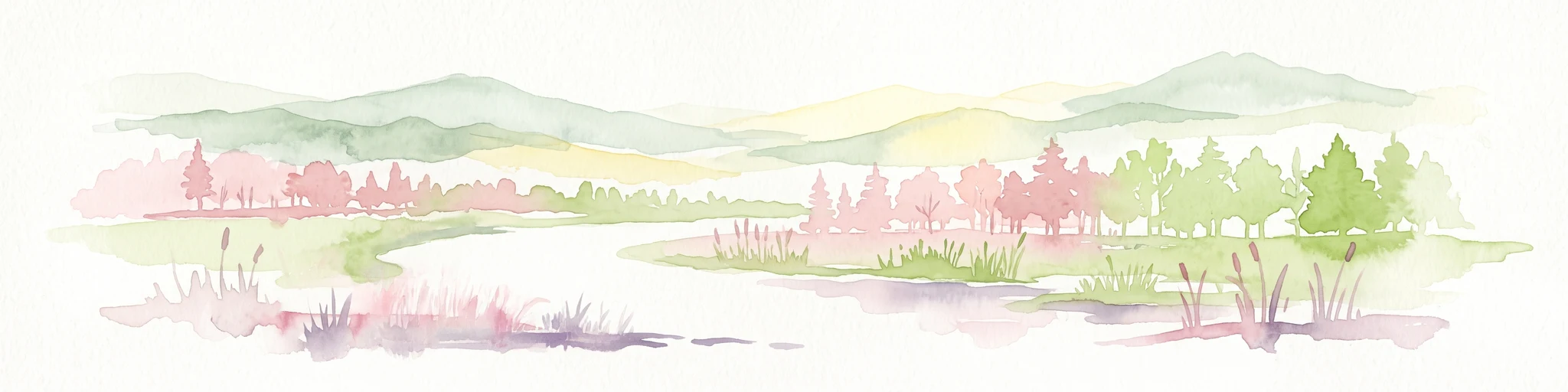 A horizontal watercolor painting showing a winding river flowing through a lush valley with forested hills in the background.
