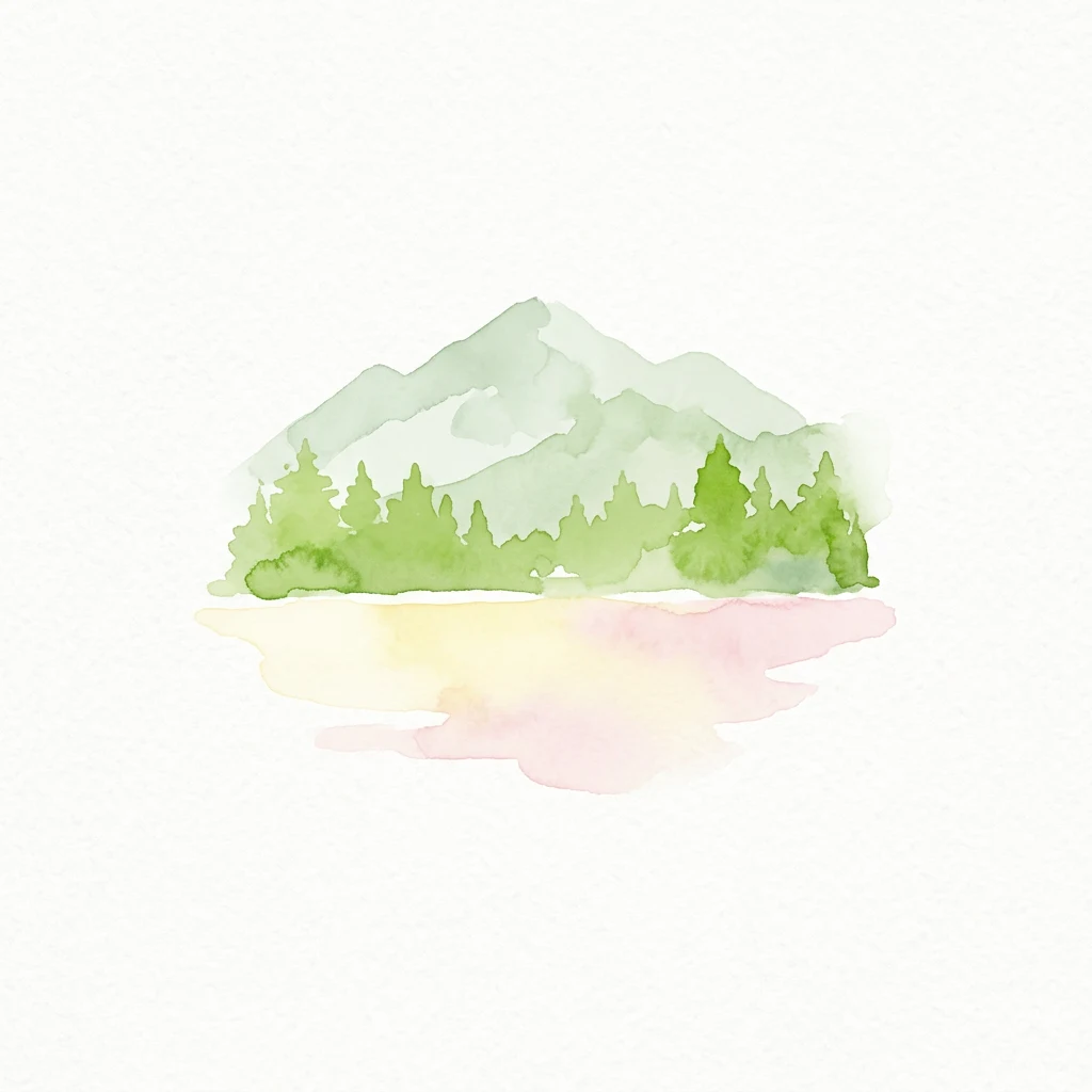 Watercolor illustration showing a mountain with forested trees and its reflection in water