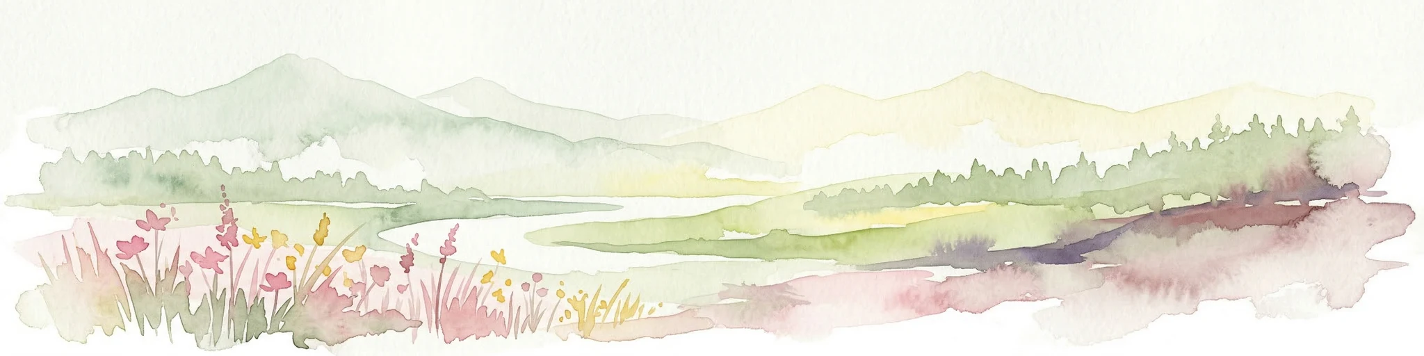 Ilustración acuarela de un paisaje con montañas, flores silvestres y un río