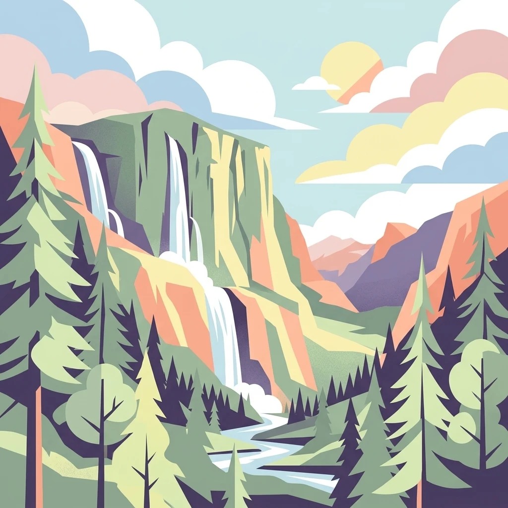 Una ilustración vectorial artística de un exuberante valle montañoso con pinos en primer plano, acantilados escarpados, múltiples cascadas que caen en cascada y un río serpenteante bajo un cielo nublado.