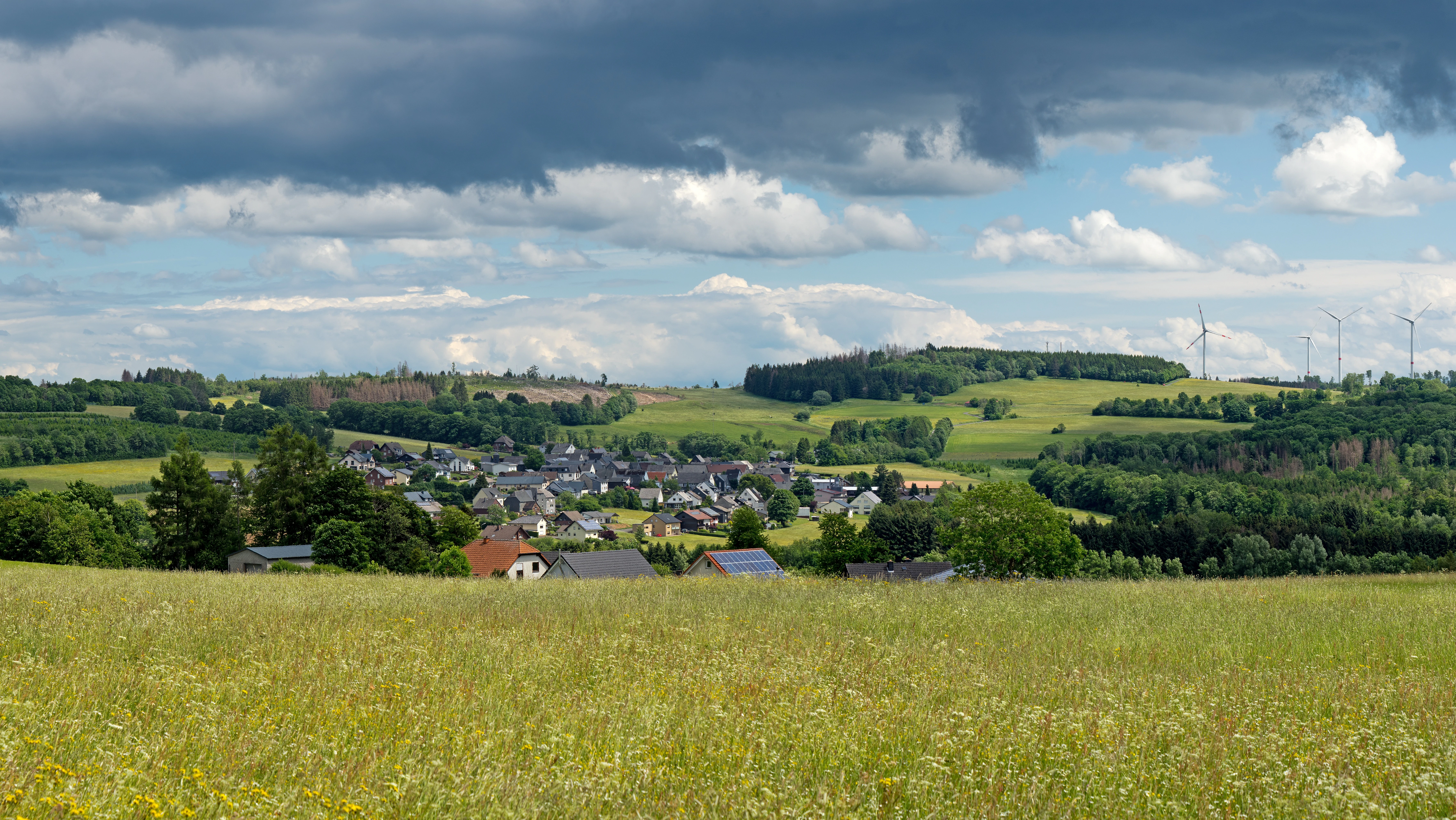 A wide, scenic landscape shot of rolling green hills, meadows, and a small town in the valley under a cloudy sky.