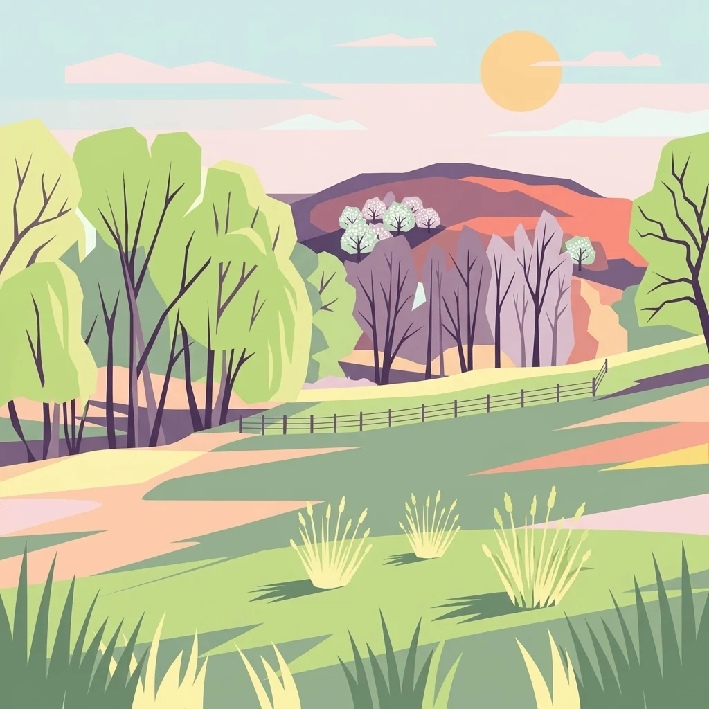 A flat-style digital illustration of a peaceful meadow landscape with rolling hills, groups of trees, and a setting sun in a soft pastel palette.
