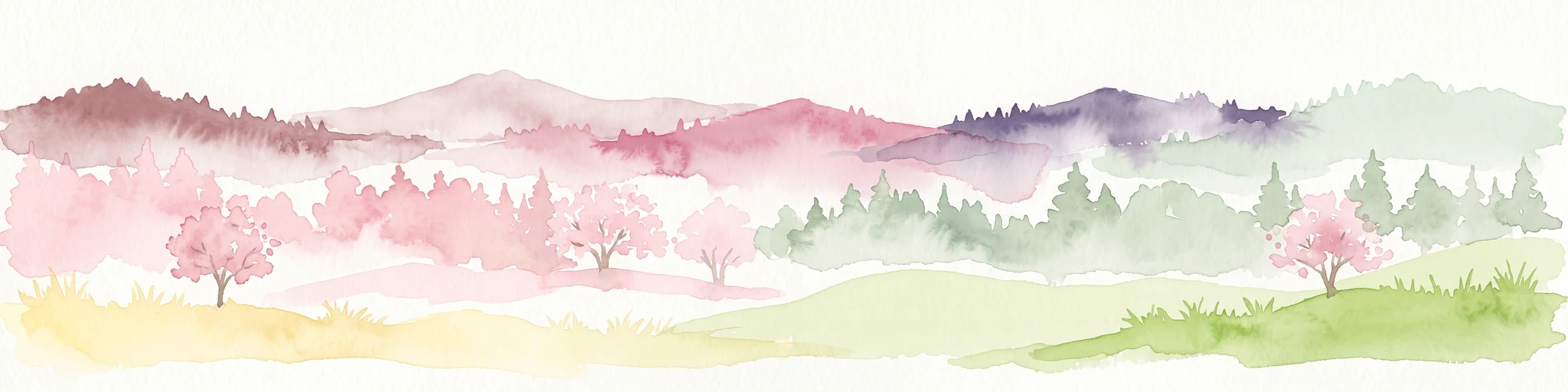 A horizontal watercolor illustration of a soft, hazy landscape featuring light pink blooming trees in a green field, with rolling, misty purple and brown hills in the background.