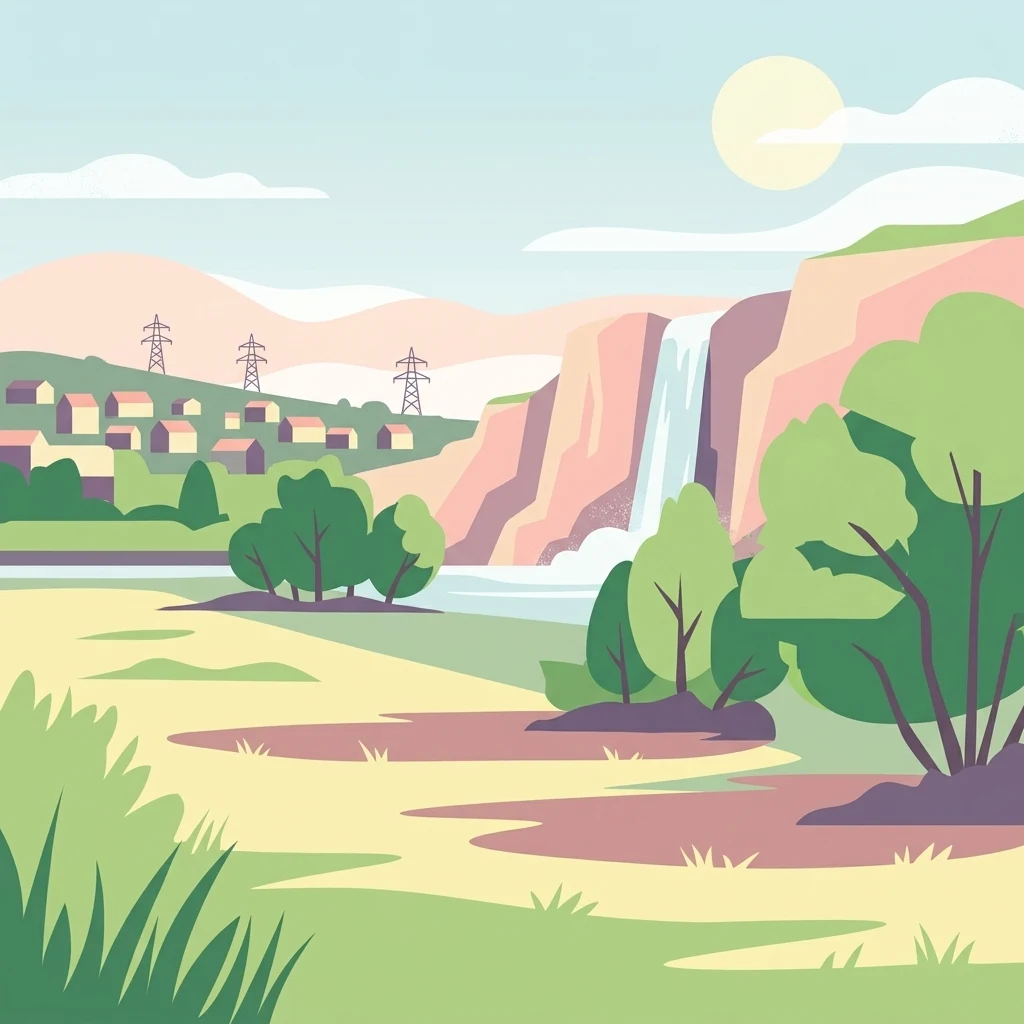 A flat-design digital illustration depicting a landscape with a river flowing from a waterfall near a small town, with electricity pylons in the background.