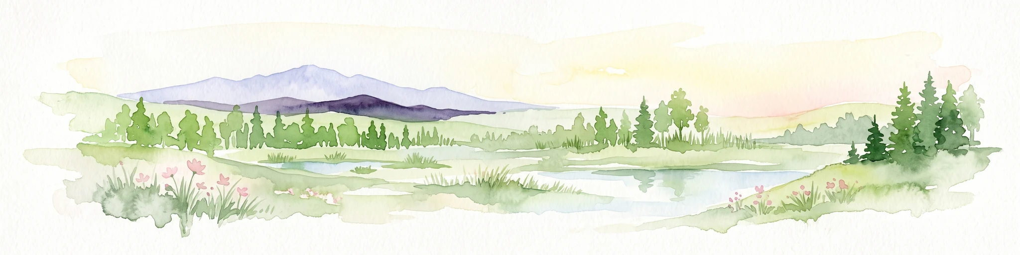 Una ilustración horizontal en acuarela que representa un río fluyendo a través de una llanura aluvial verde y frondosa con árboles y colinas distantes bajo un cielo suave y de tonos claros.