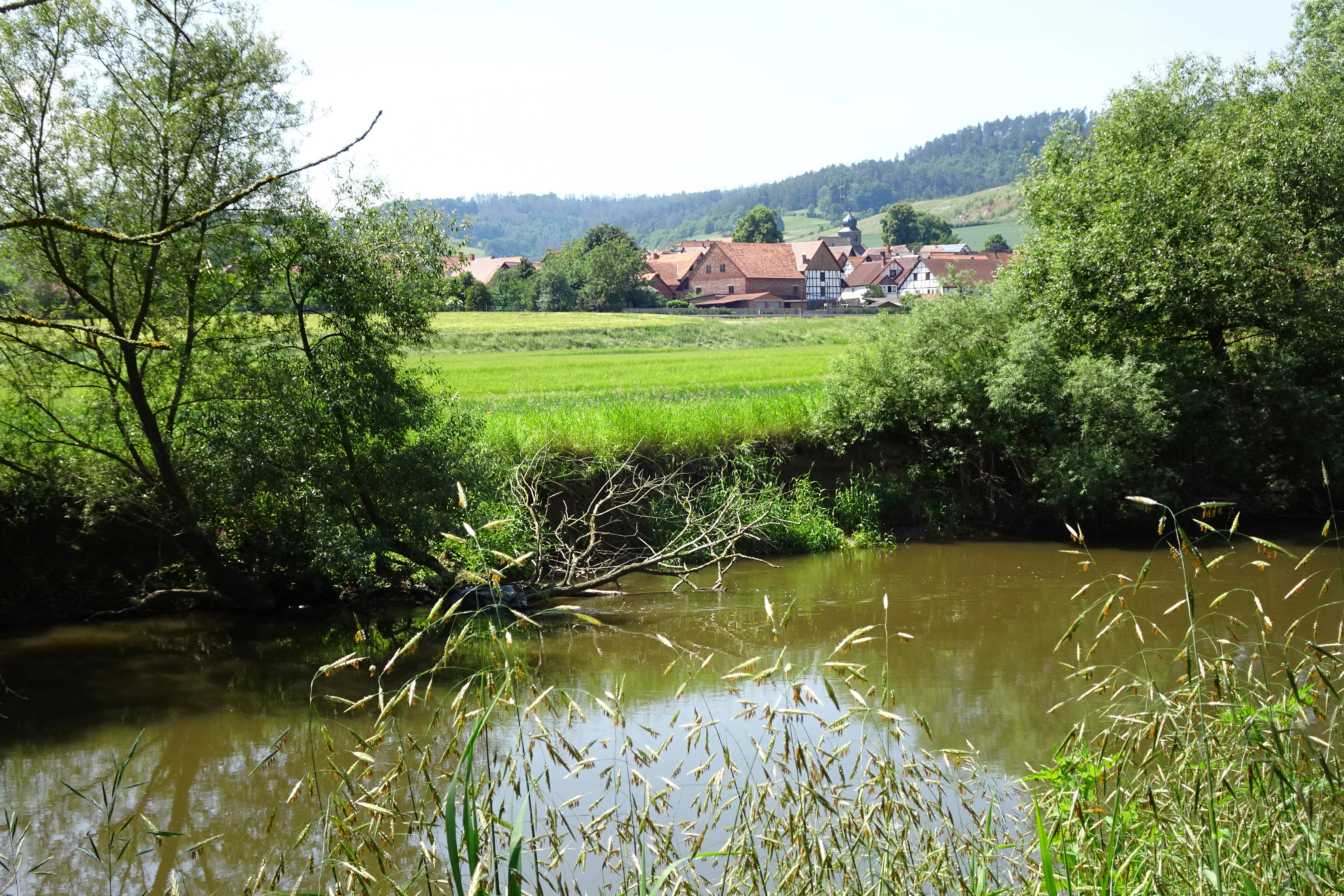 A peaceful river flows in the foreground with lush green meadows and trees behind it, leading to a small village with traditional buildings nestled at the base of a forested hill under a clear sky.
