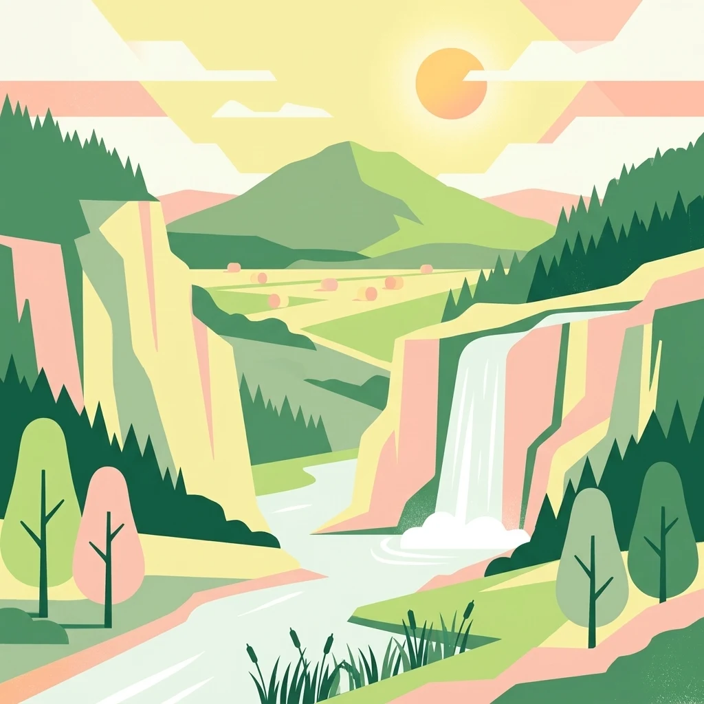 Una ilustración plana de estilo vectorial de un río que fluye a través de un valle entre colinas con una cascada, pinos y un sol en el cielo.