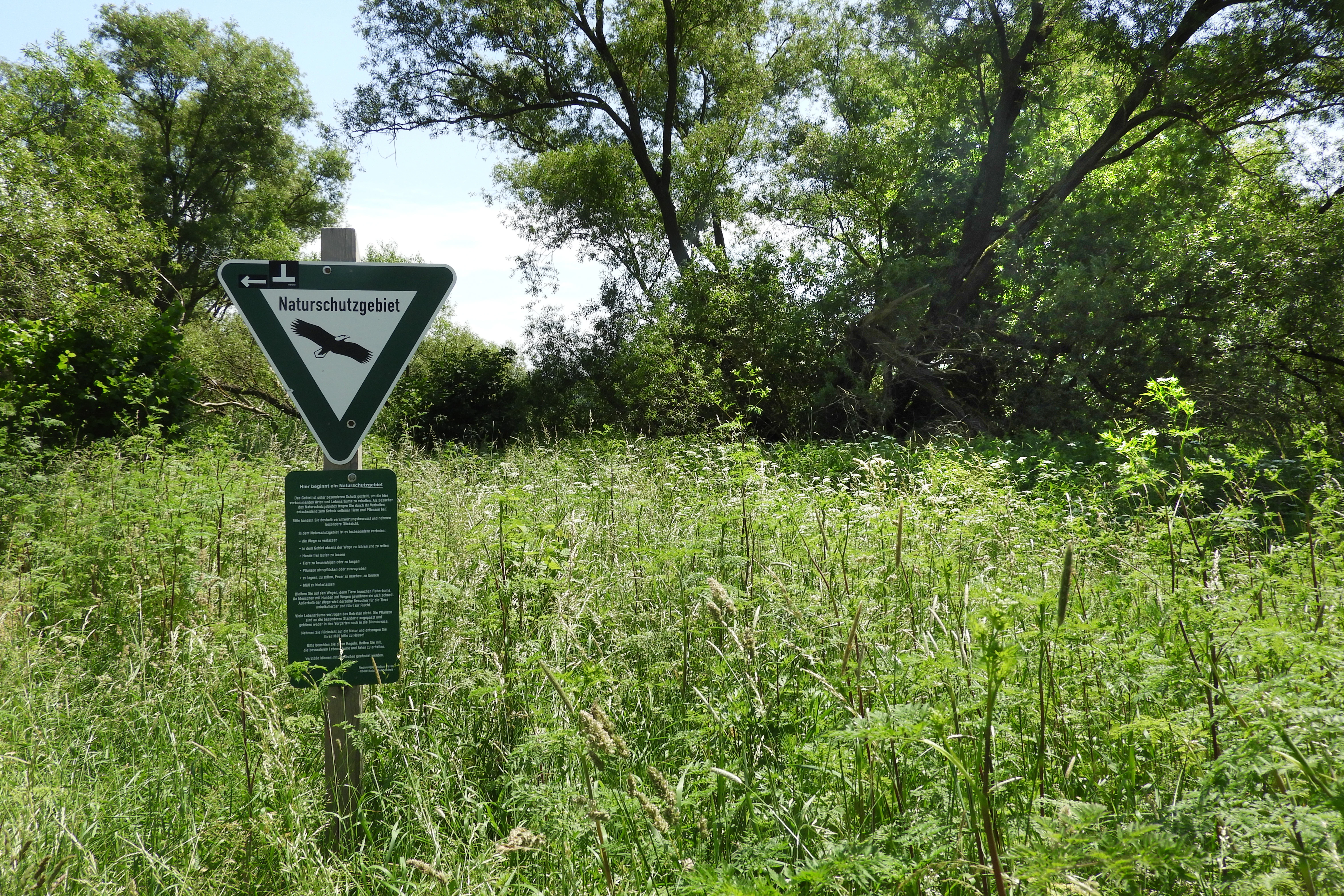 A triangular Naturschutzgebiet sign with a black eagle silhouette, mounted on a wooden post in a grassy field with trees in the background.