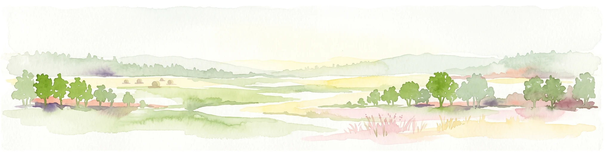 A soft, panoramic watercolor painting depicting a green floodplain with a winding river, scattered trees, and rolling hills in the distance.