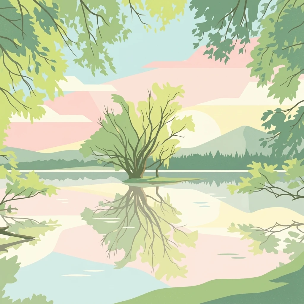 Una ilustración digital pacífica de estilo plano que muestra un río tranquilo con una pequeña isla que contiene un solo árbol en el centro, rodeada de bordes de bosque y colinas lejanas bajo un cielo pastel suave.