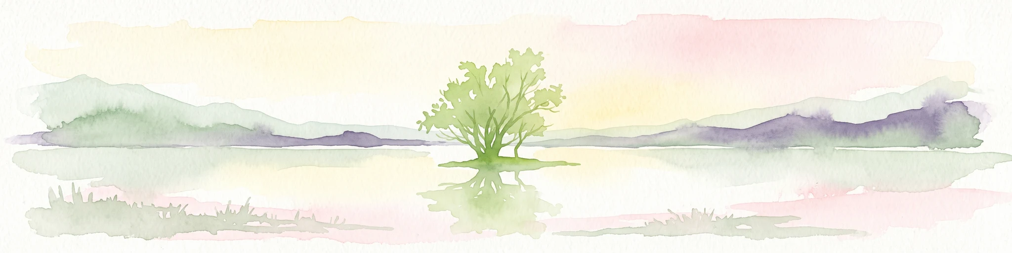 A watercolor illustration of a calm body of water with a single tree in the center; distant rolling hills are visible in the background under a soft, pastel-colored sky.