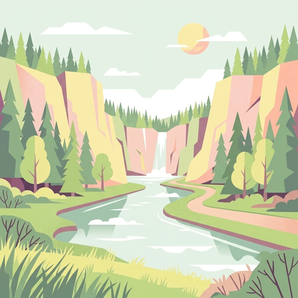 A flat vector art illustration of a river canyon with a small waterfall in the distance, surrounded by pine trees and cliffs under a pale sky.