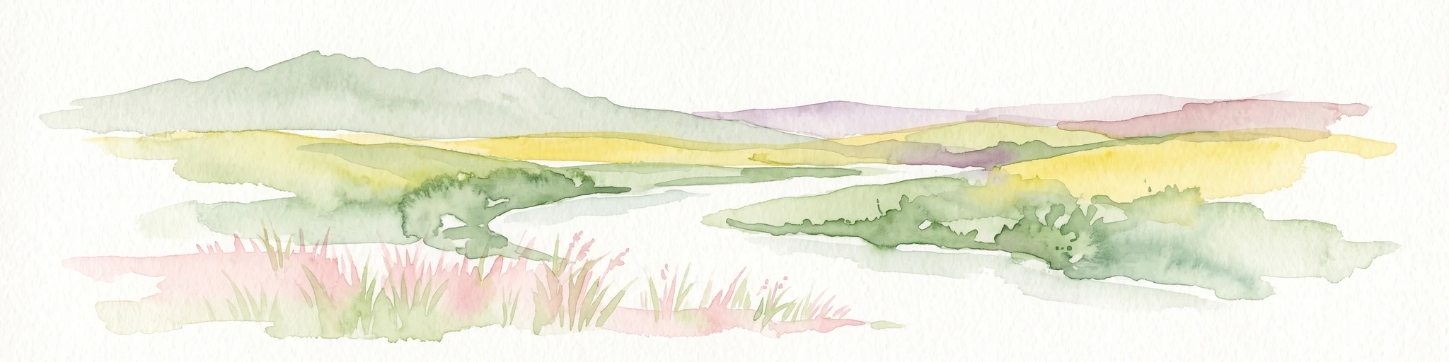 A watercolor landscape illustration showing a gently winding water feature through low-lying marshy vegetation with distant rolling hills.