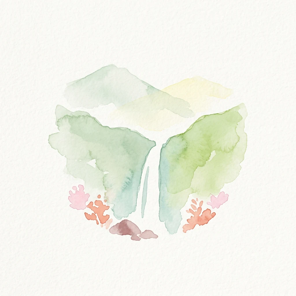 Watercolor illustration showing green mountains with a central waterfall and pink coral-like shapes at the base