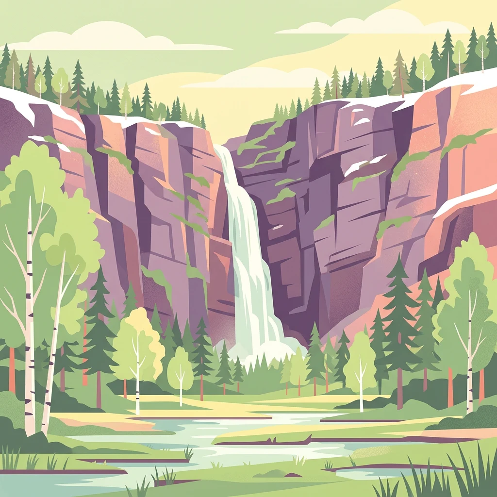 Ilustración estilizada de una cascada que fluye desde acantilados rocosos hacia un río, rodeada de bosques y colinas
