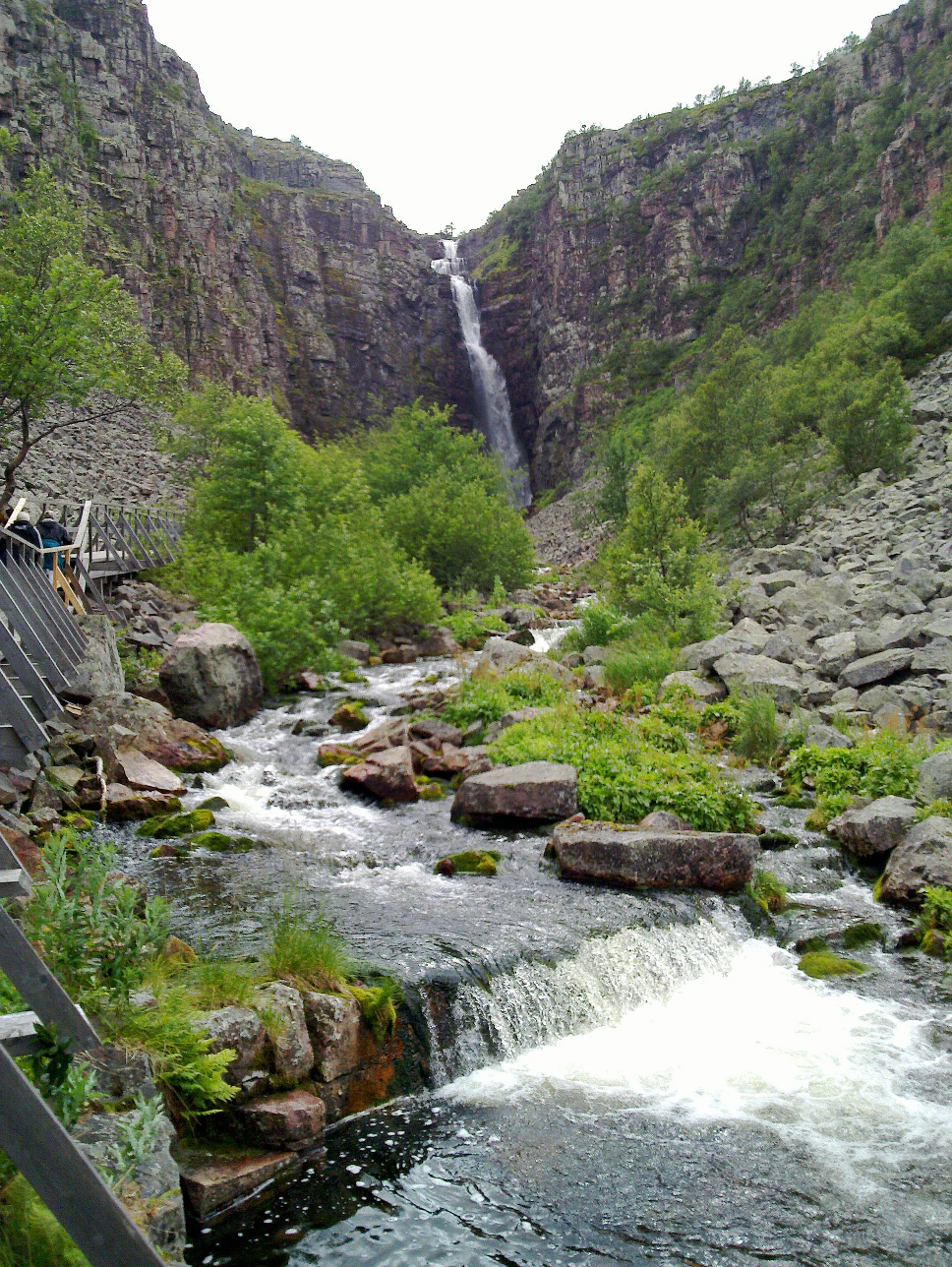 A tall waterfall flowing down rocky cliffs with a river surrounded by green vegetation and rocks
