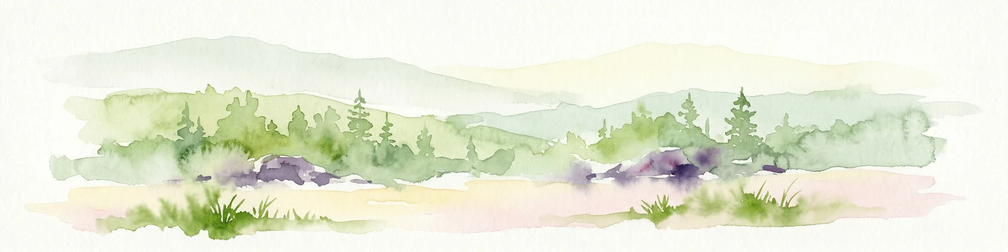Ilustración de acuarela que muestra montañas, bosques y un río