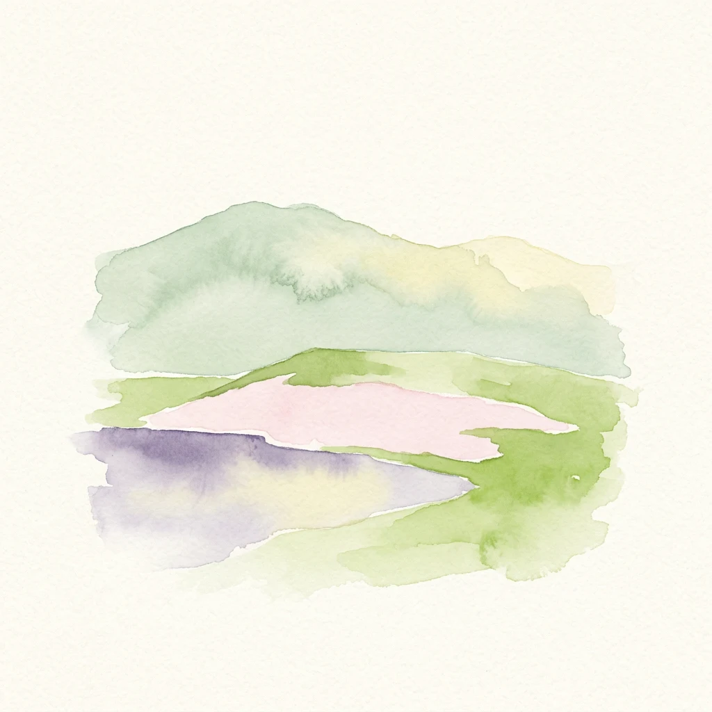 Watercolor painting depicting green mountains and a pinkish lake