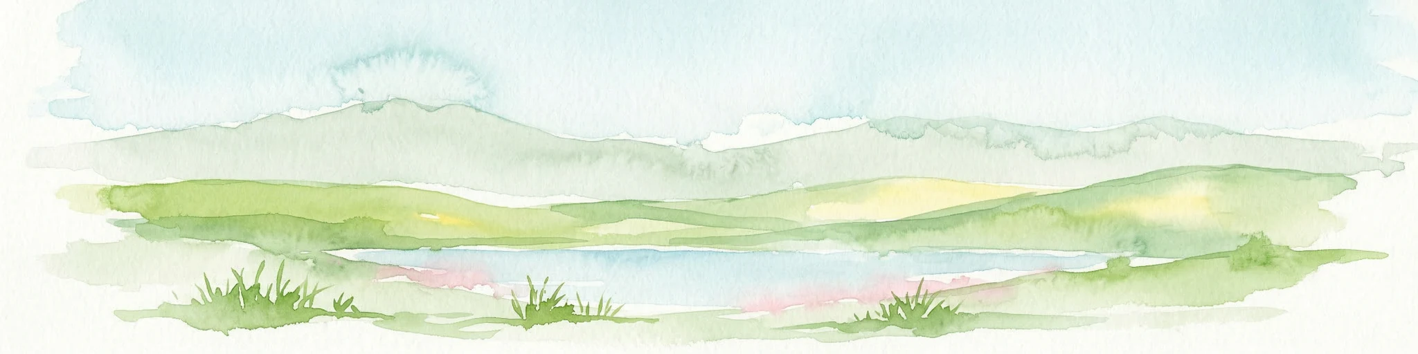 Ilustración acuarela de un paisaje montañoso con un lago, prados verdes y flores rosas