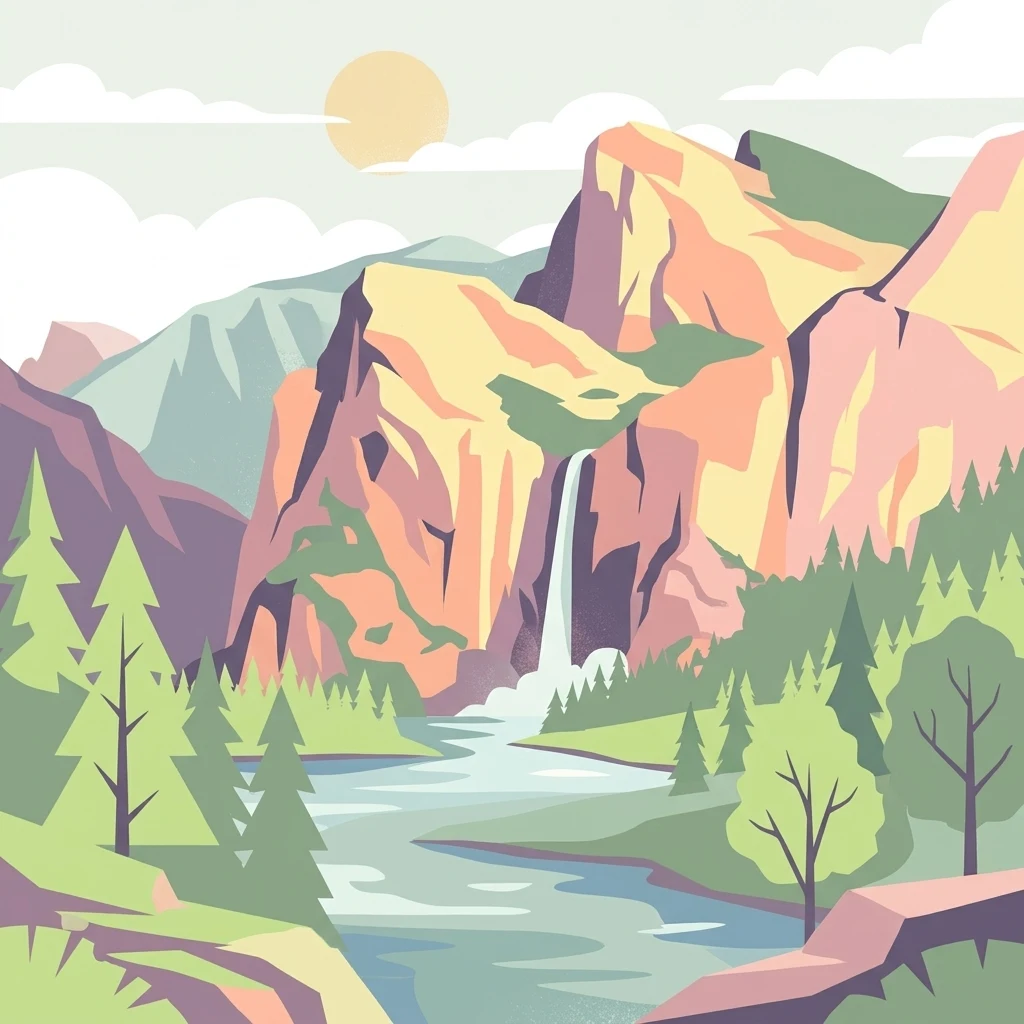 Ilustración vectorial que muestra un valle montañoso pintoresco con una cascada que desemboca en un río, rodeado de pinos y nubes.