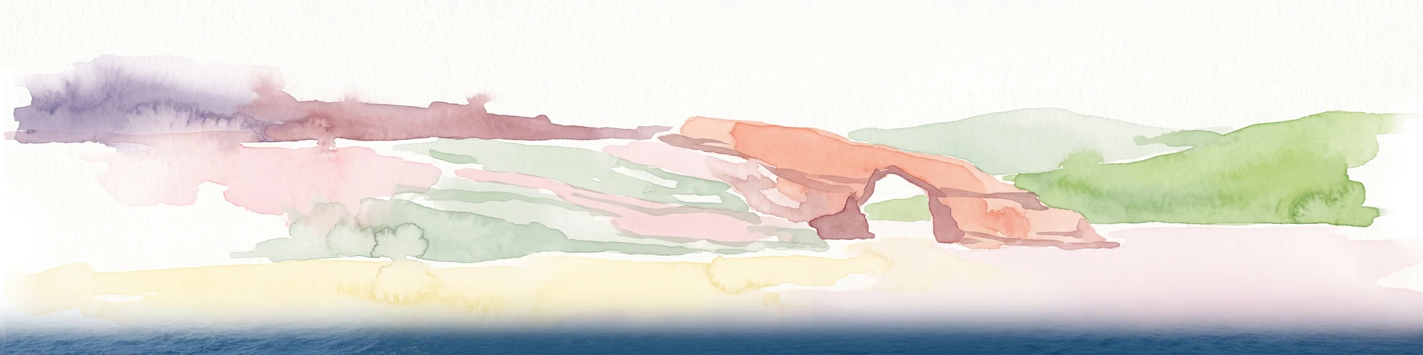 Watercolor painting of a reddish limestone sea arch or islet surrounded by water and faint coastal hills.