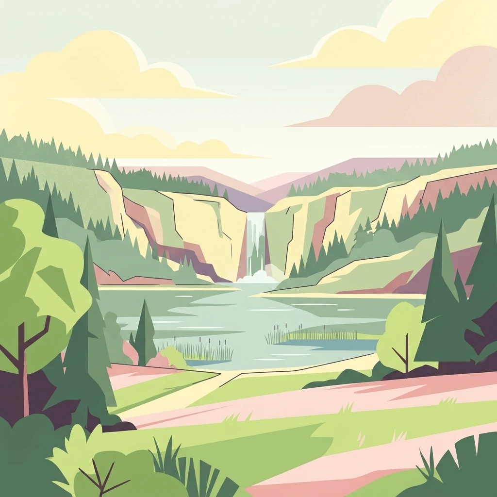 A flat-style digital illustration showing a lake with a waterfall cascading from a rocky cliff in the background, framed by pine trees and green meadows.