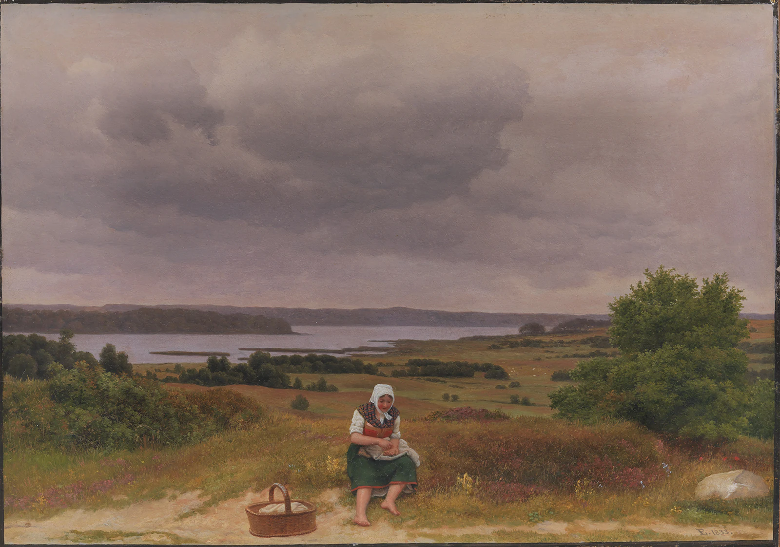 An oil painting of a woman sitting on a grassy hillside overlooking a wide lake under a cloudy sky.