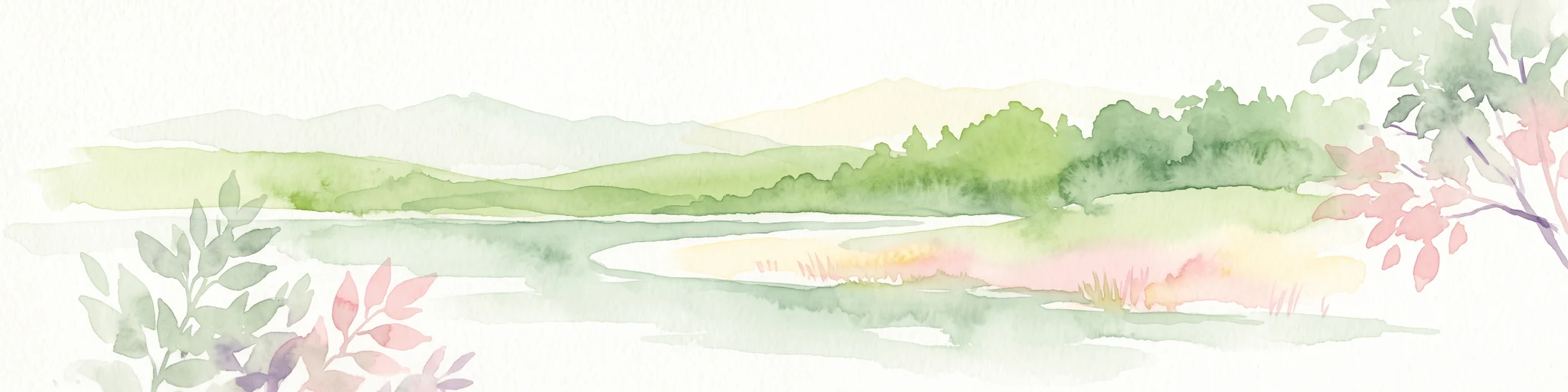 Una ilustración en acuarela de un sereno paisaje junto a un lago con colinas verdes, follaje y agua en calma, pintada en suaves colores pastel.