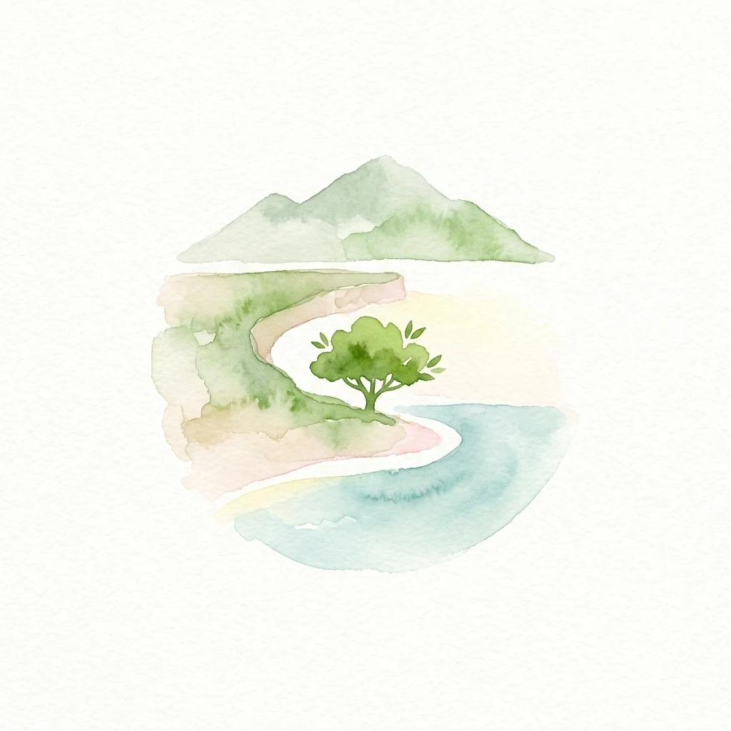 Watercolor illustration showing mountains, a single tree, a curved beach, and a body of water