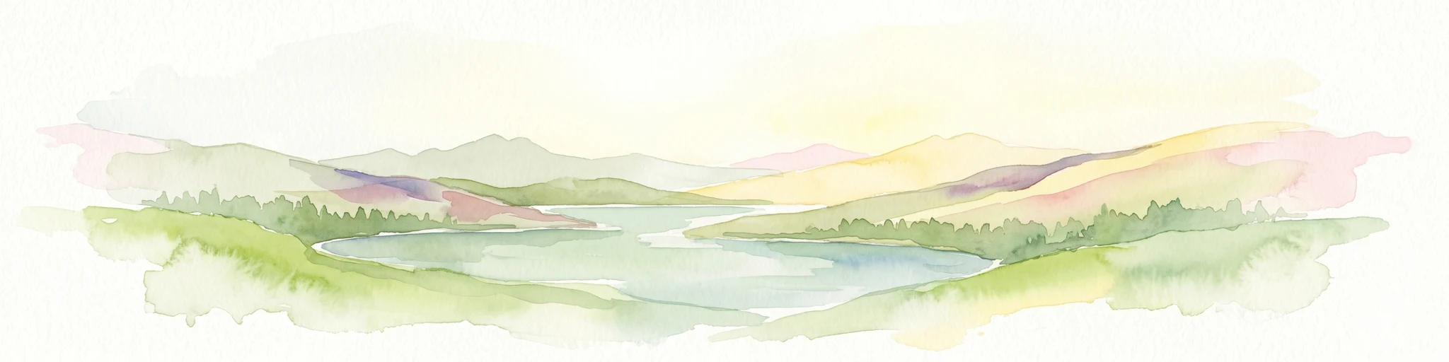 Pintura de acuarela que muestra un lago rodeado de montañas y colinas verdes bajo un cielo suave de tonos pastel