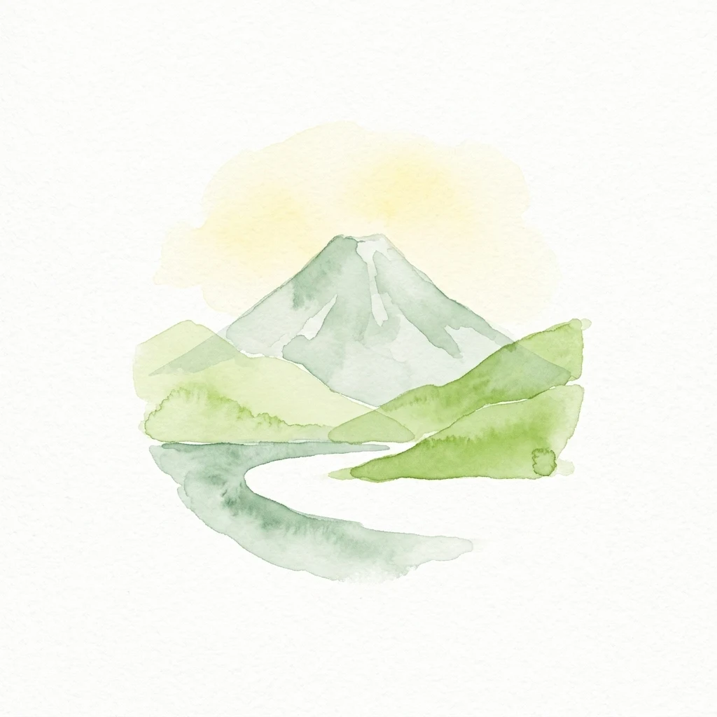 Ilustración de acuarela de una montaña con colinas verdes, un río sinuoso y un cielo amarillo