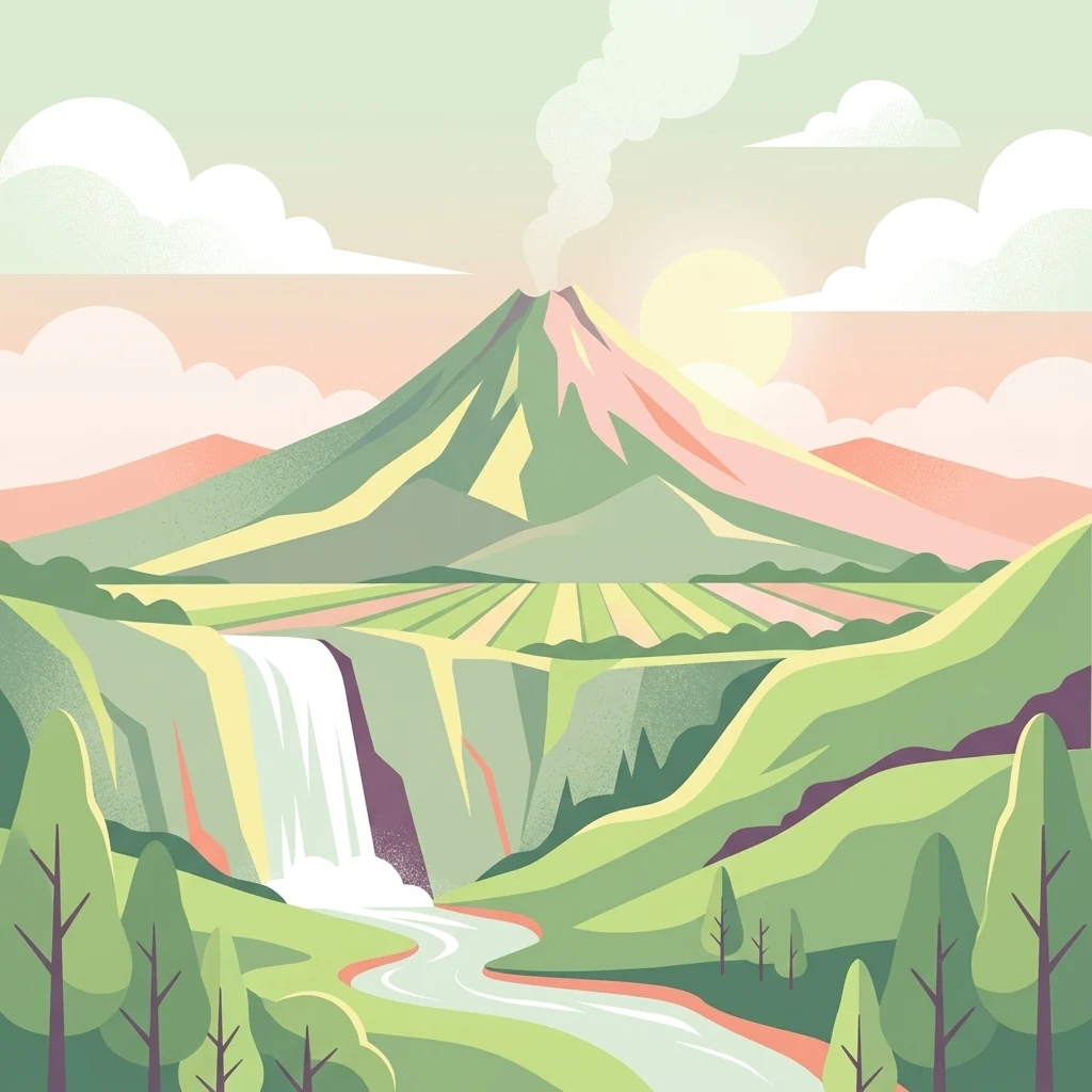 Stylized illustration of a volcano with smoke, waterfall, river, green hills, and trees
