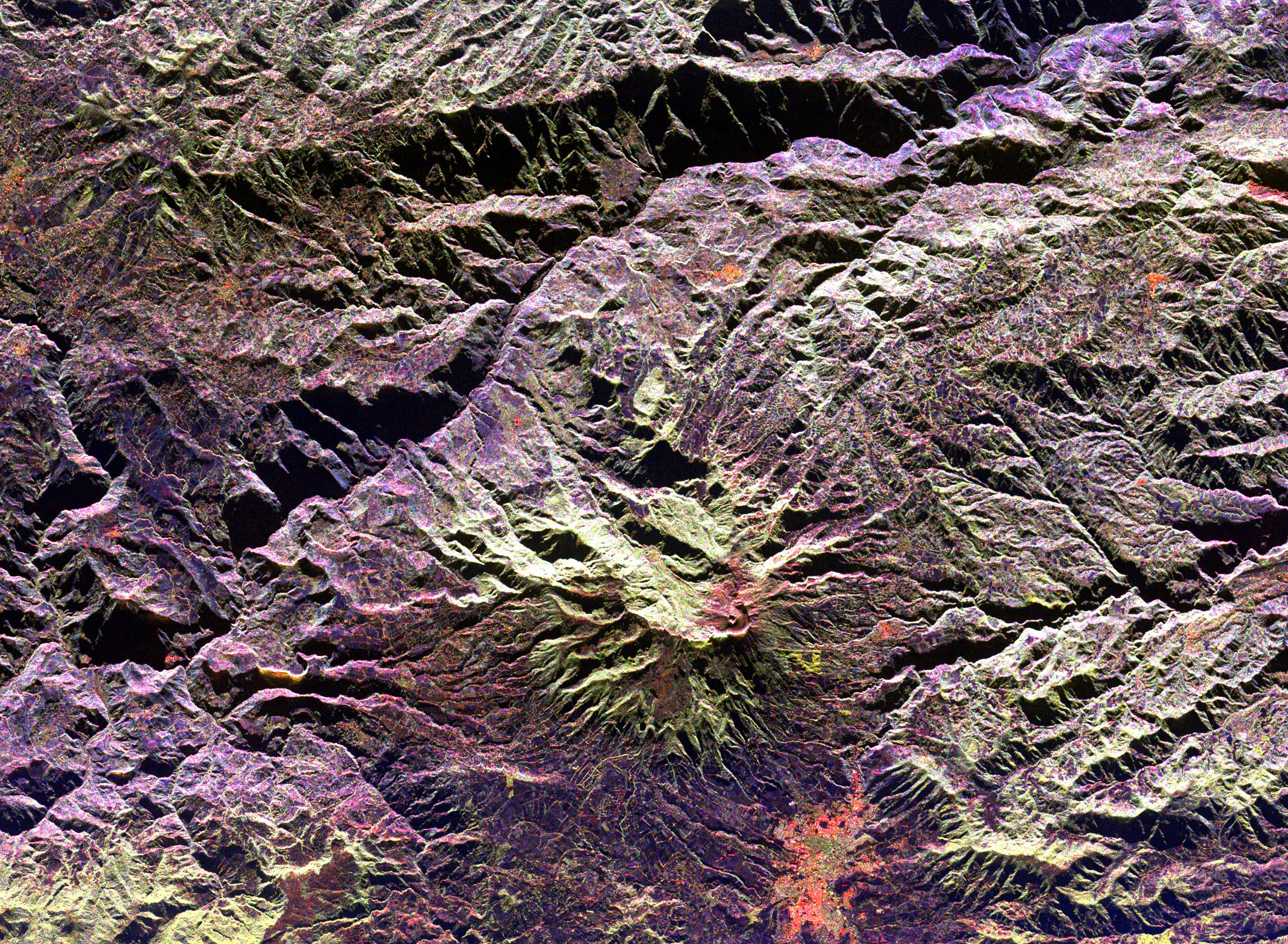 Radar image showing the topographic features of Galeras Volcano with color-coded elevation data
