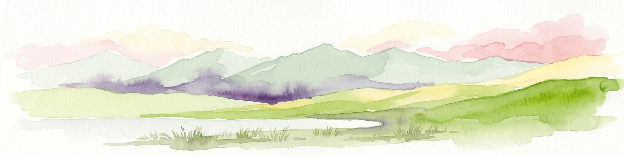 Watercolor illustration of a mountain range with a lake in the foreground, green fields, and a colorful sky