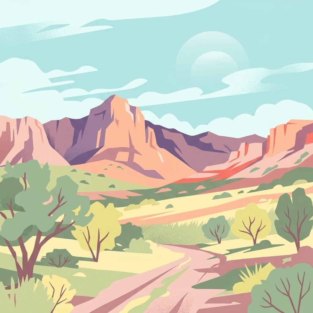 A stylized vector illustration of a rugged desert landscape with a dirt path winding through sparse vegetation toward distant rocky peaks under a pale sky.