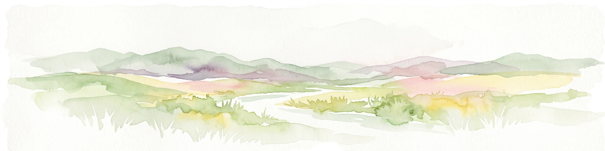 A soft watercolor painting of a wide, rolling mountain landscape with muted greens, yellows, and purples.
