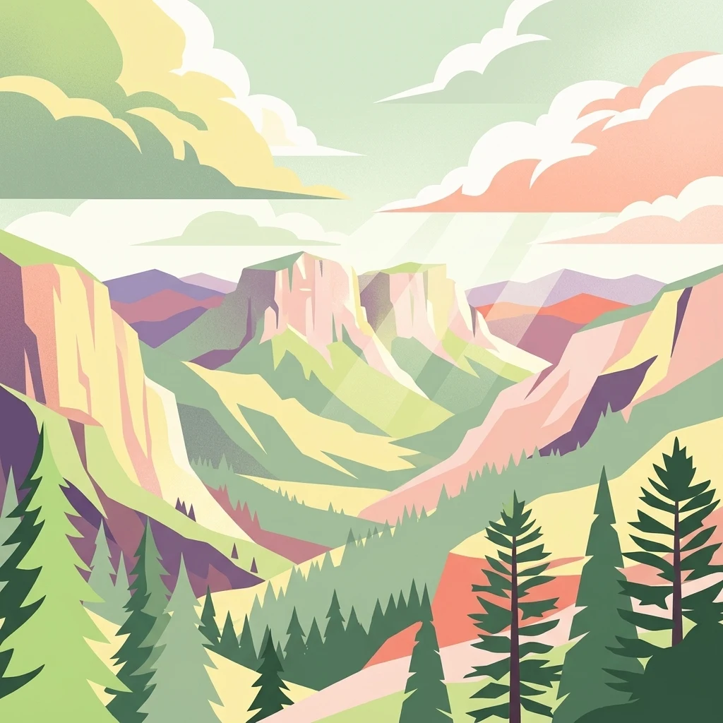 Ilustración vectorial estilizada de un valle de montaña con acantilados rocosos escarpados y bosques de pinos bajo un cielo suave.