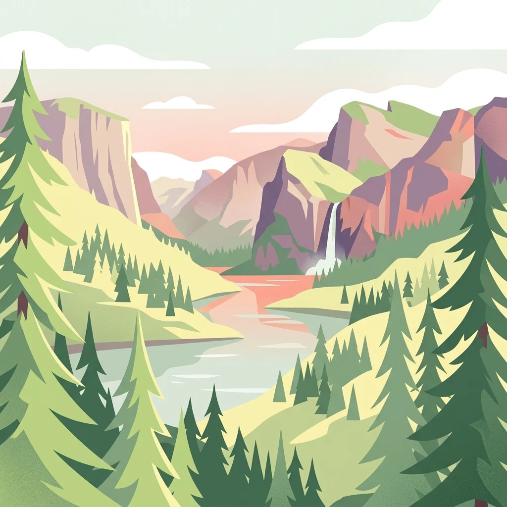 Una ilustración vectorial artística de estilo plano que representa un valle con un río serpenteante, una cascada lejana y pinos en primer plano y en el plano medio.