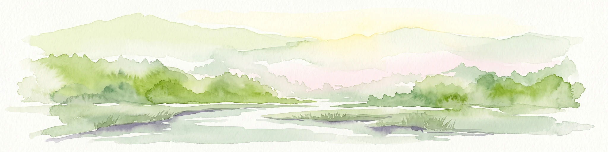 A soft watercolor painting of a winding river flowing through a lush, green landscape with forested hills in the background.
