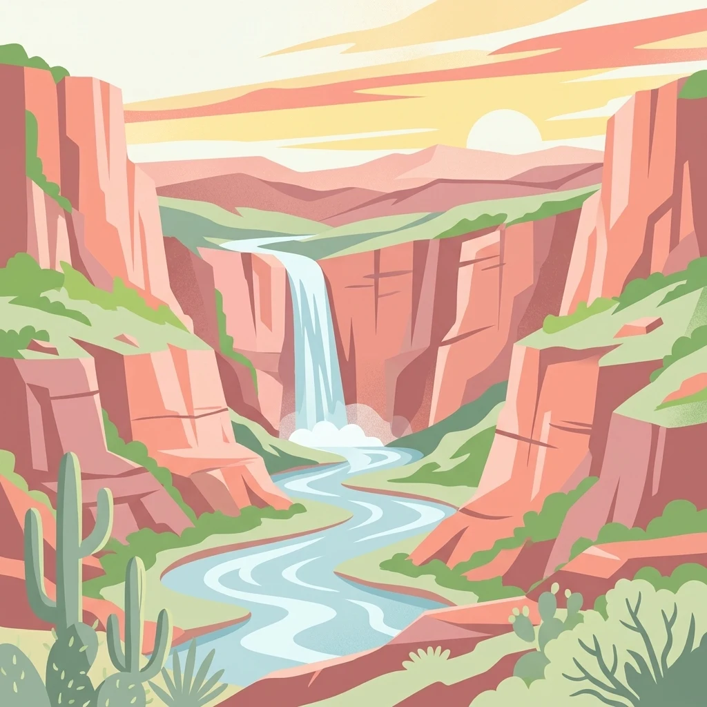 A flat-style digital illustration depicting a desert canyon with tall rock formations, a waterfall feeding into a winding river, saguaro cacti in the foreground, and a warm sunset sky.