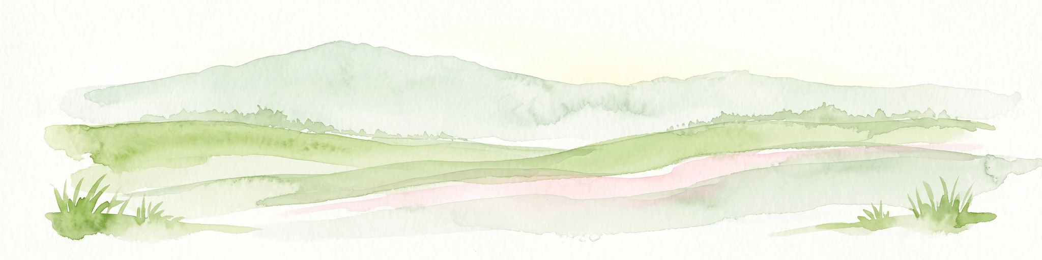 A soft watercolor painting of a rolling mountain landscape with light green and muted earth tones, featuring tufts of vegetation in the foreground.