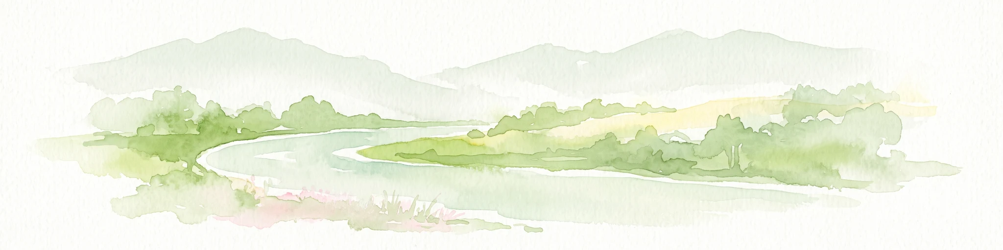 Light watercolor illustration of a winding river or lake curving through green trees and vegetation with pale mountains in the distant background