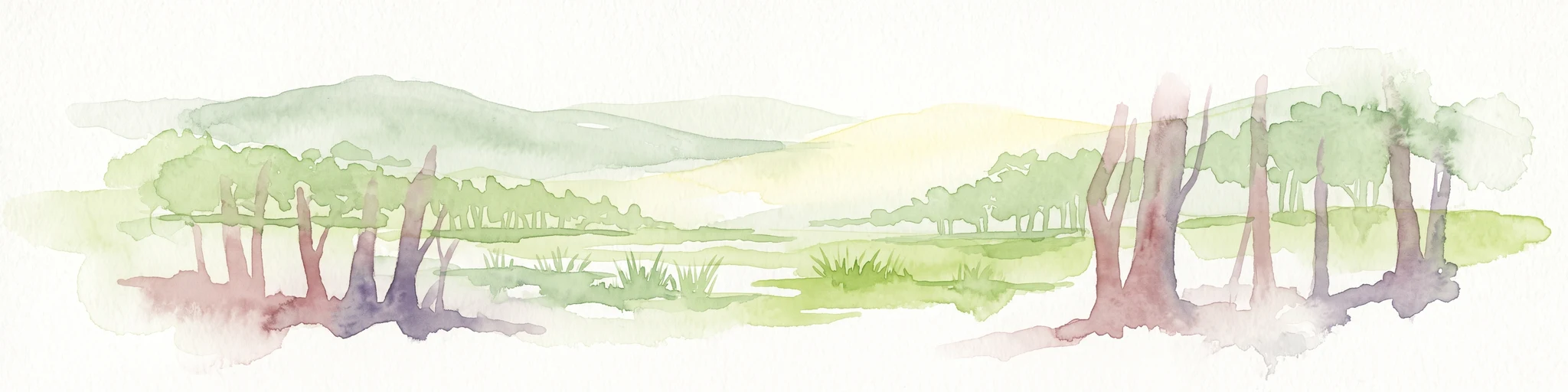 Una pintura en acuarela que muestra un paisaje pastoral y suave con árboles verdes, llanuras cubiertas de hierba y colinas onduladas al fondo sobre un fondo blanco.