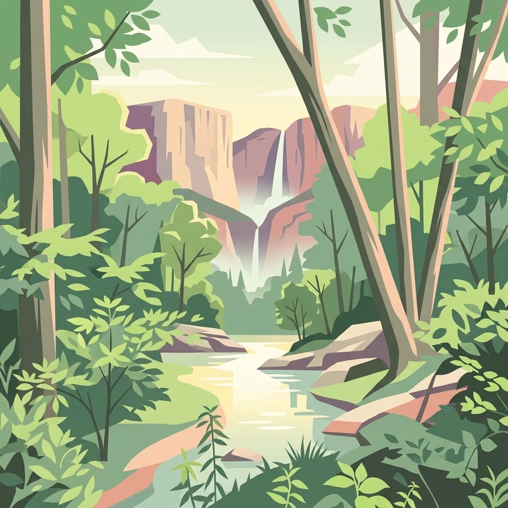 A digital illustration showing a forest scene with trees in the foreground, a flowing stream in the middle, and a tall mountain cliff with a waterfall in the background.