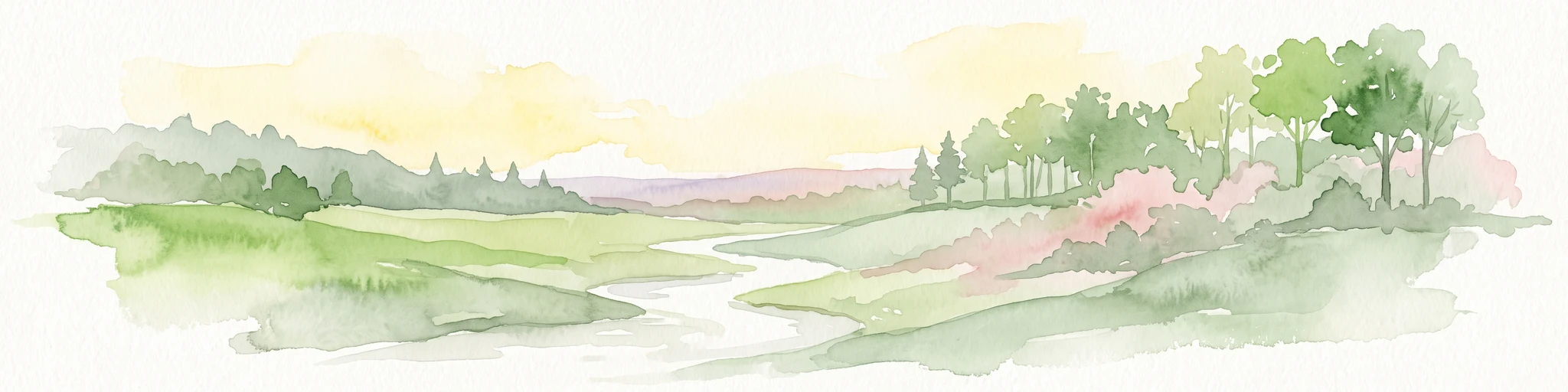 Una pintura a la acuarela que muestra un paisaje suave y estilizado con colinas verdes onduladas, un arroyo serpenteante y árboles bajo un cielo pálido.