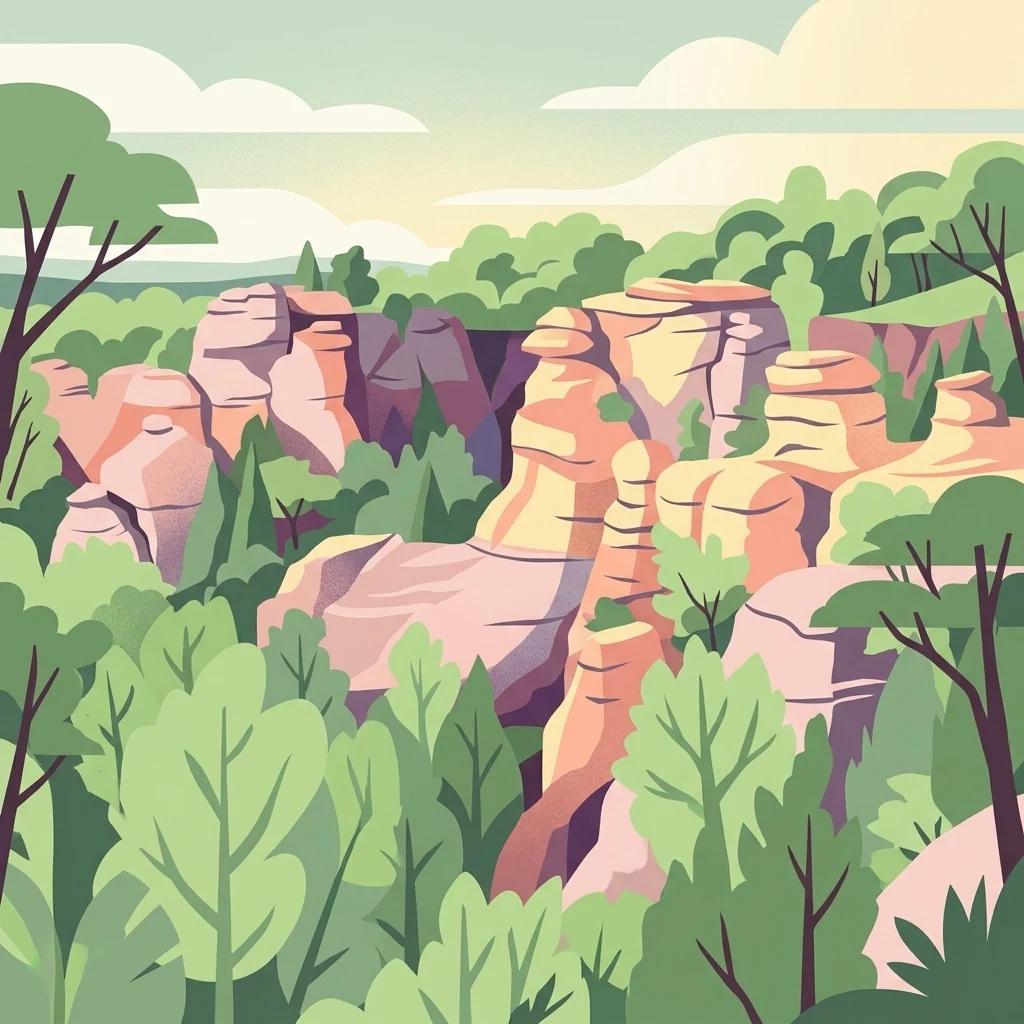 A flat-style digital illustration depicting a canyon with light-colored sandstone rock formations rising above a lush, green forest canopy.