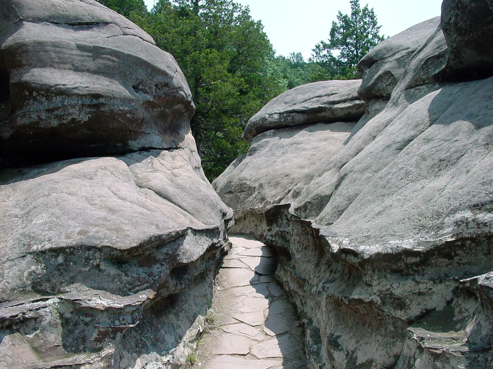 A narrow, stone-paved trail runs between two large, weathered grey sandstone rock formations in a forest setting.