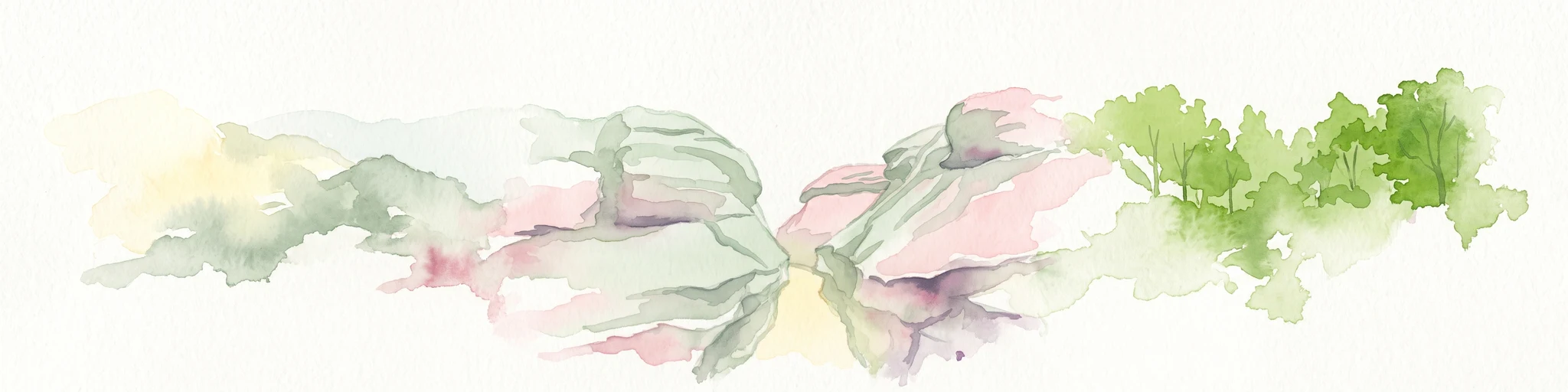 Watercolor painting of rock formations and surrounding green trees on a plain white background.