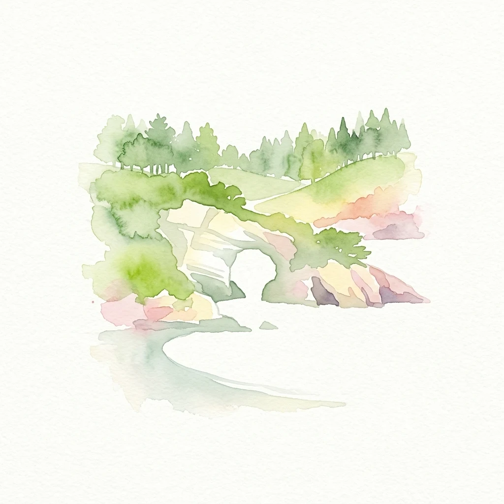 Pintura de acuarela que muestra una escena costera con un arco de roca natural, colinas verdes, árboles y reflejo en el agua